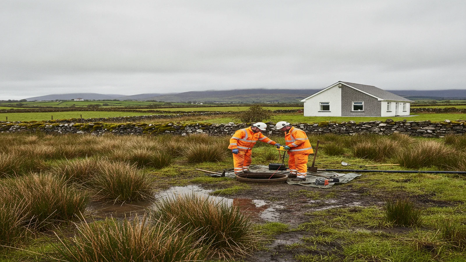 Two workers beside an open septic tank access chamber