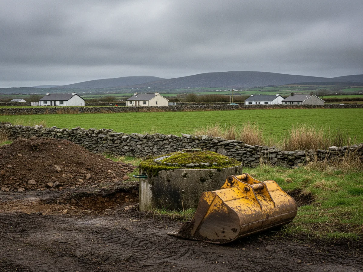 An excavator beside a partially exposed concrete septic tank