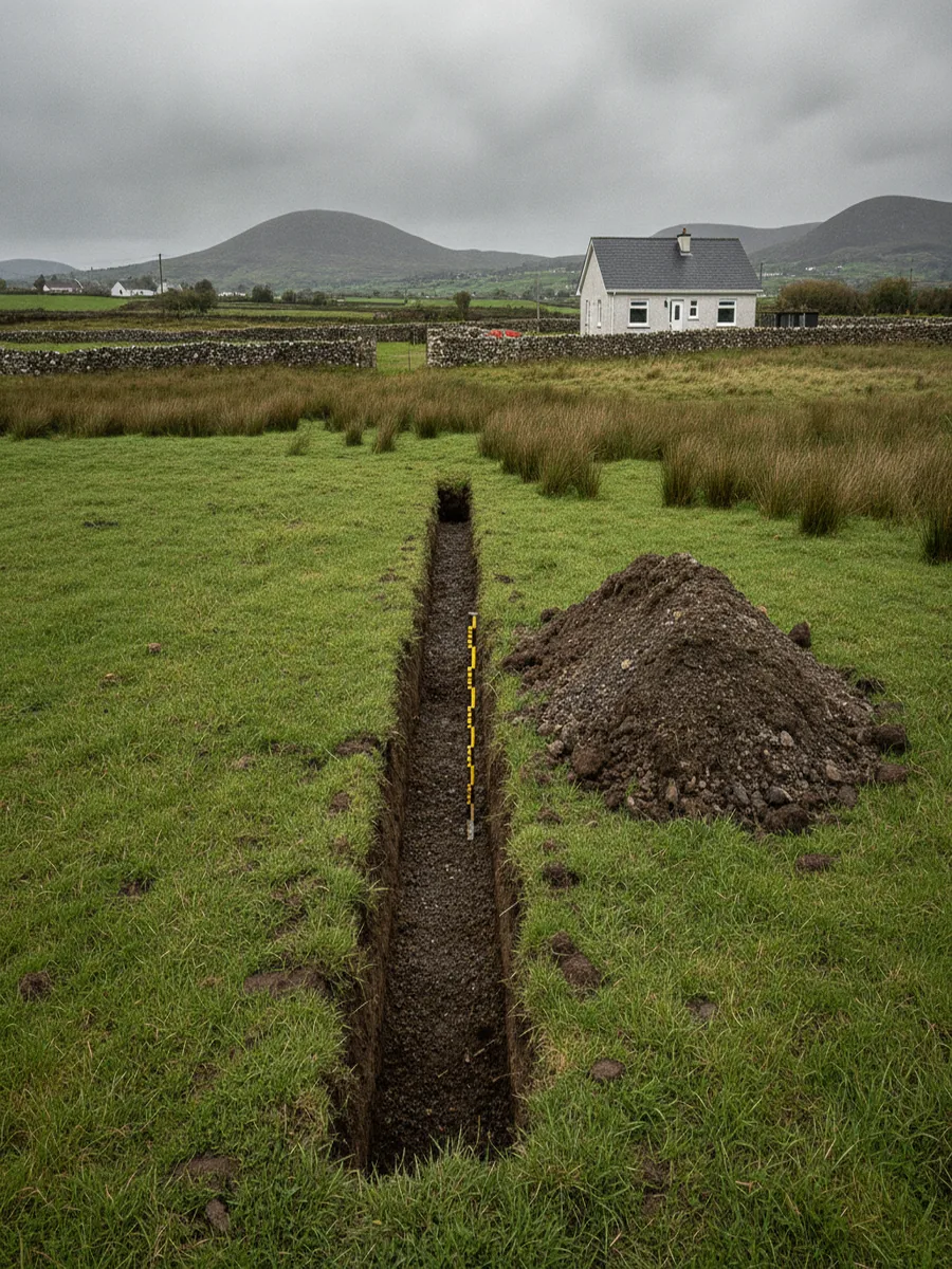 A trial hole dug in a wet field with heaped subsoil beside it